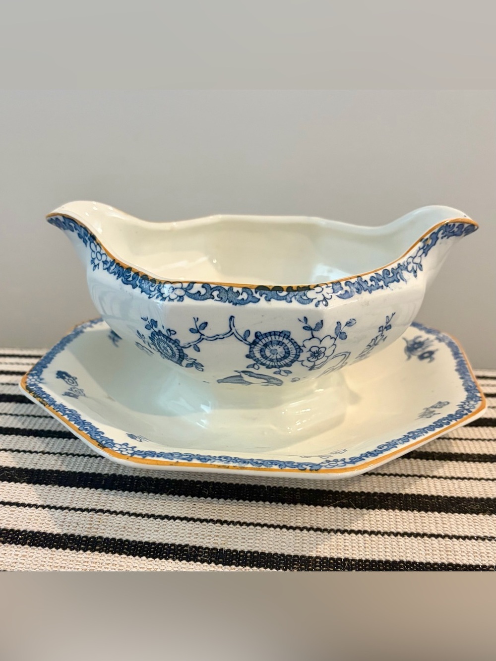 Antique Ironstone WoodsWare Blue & White Old Bow Gravy & Attached Plate